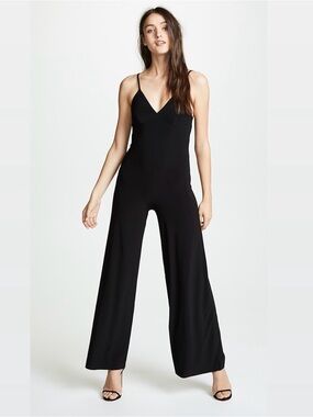 NORMA KAMALI black wide leg sleeveless V neck Slinky jersey jumpsuit sz 38/M
